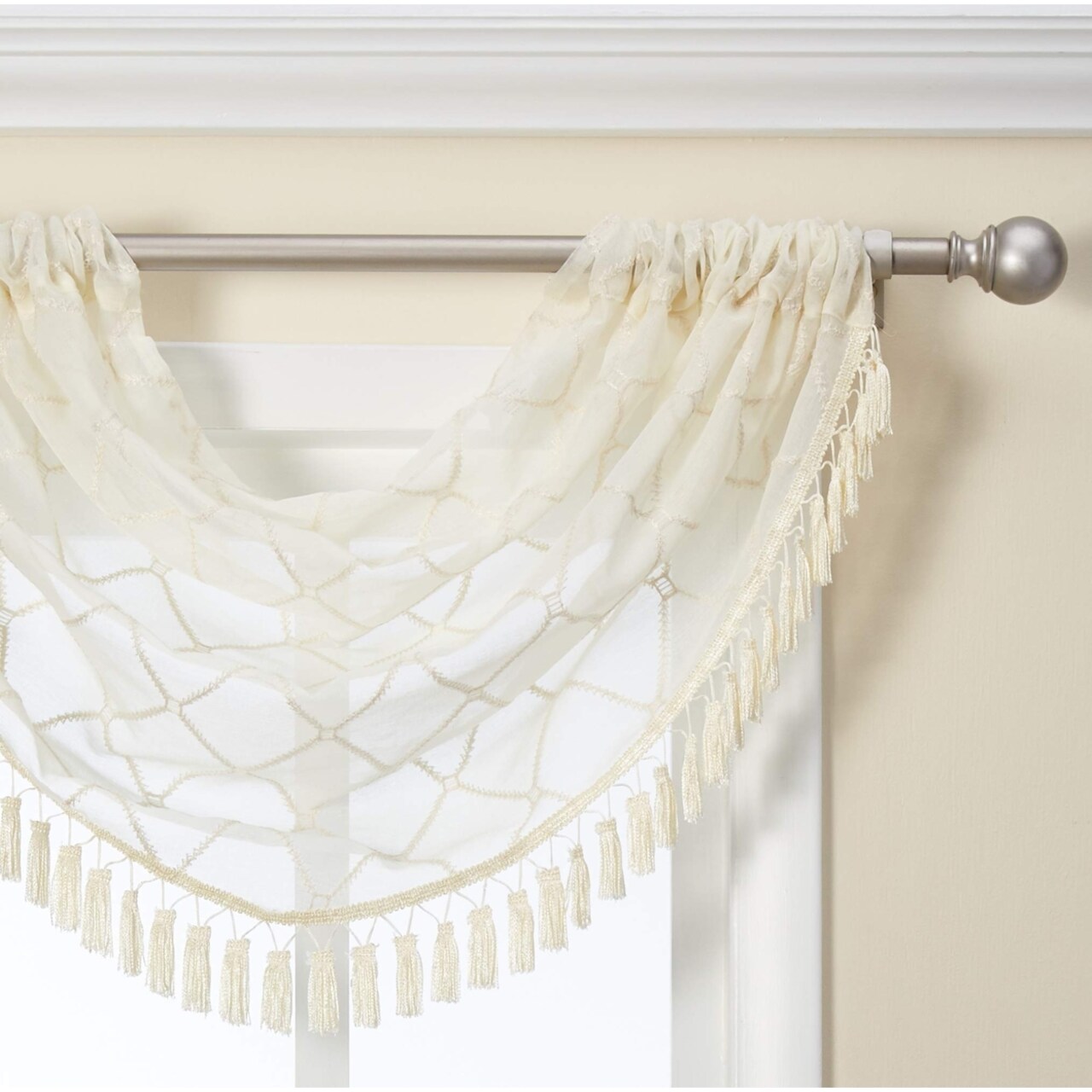 Madison Park Irina Diamond Sheer Embroidered Waterfall Valance Ivory 38x46"